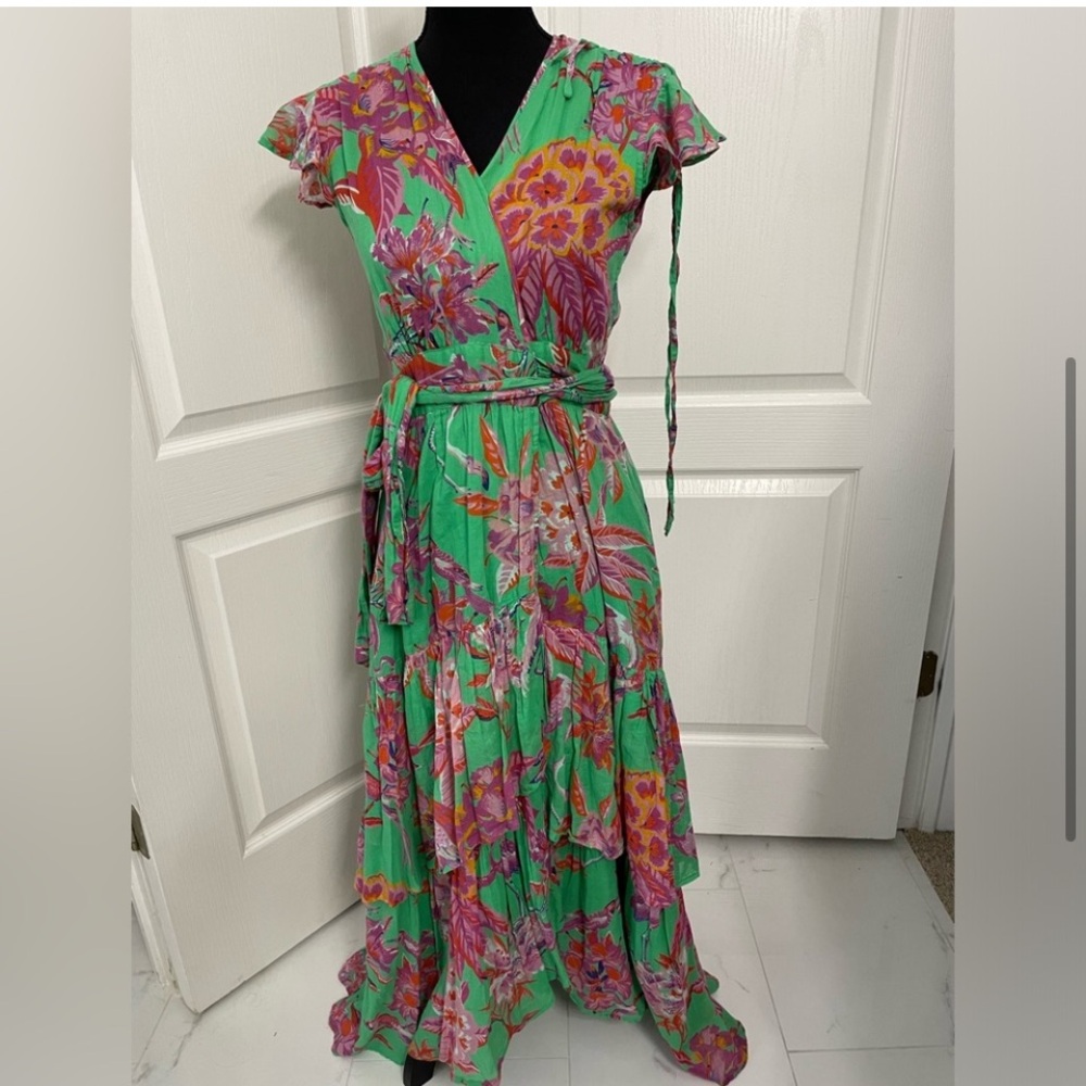 Banjanan Mercy wrap midi dress tropical feminine size S fits S/M boho palm beach - Picture 2 of 6
